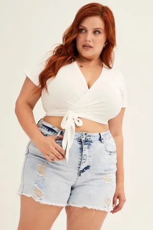 Smooth Yarn Steel Blue Mid Rise Acid Wash Distressed Skinny Denim Shorts