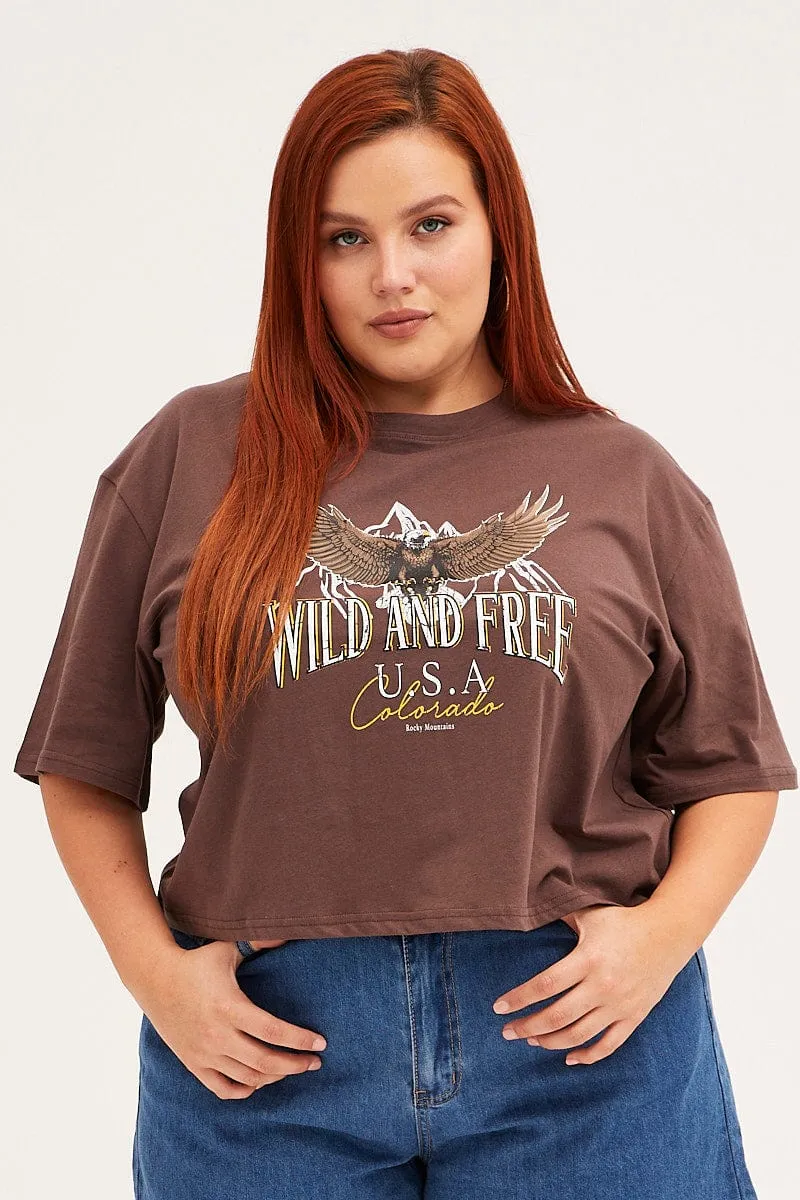 Outdoor Layer Chic Outfit Brown Crop T-shirt Short Sleeve Wild And Free Cotton