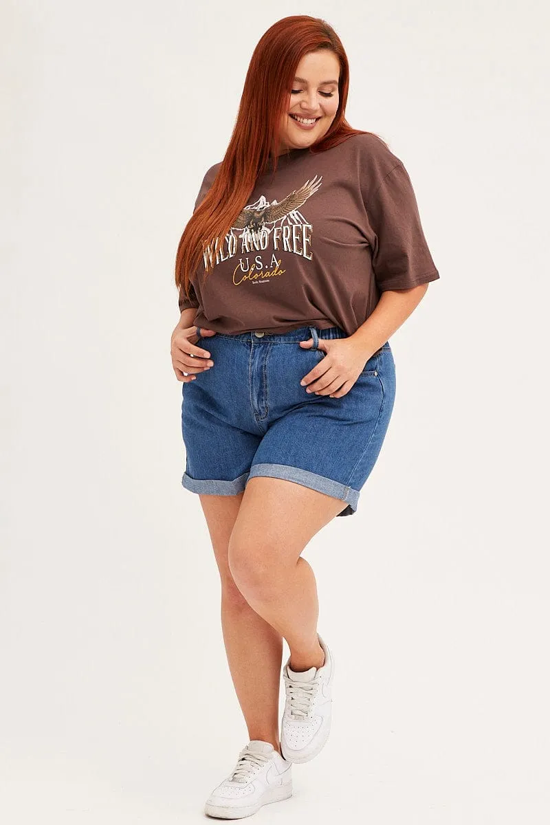 Practical Design Reinforced Hemline Brown Crop T-shirt Short Sleeve Wild And Free Cotton