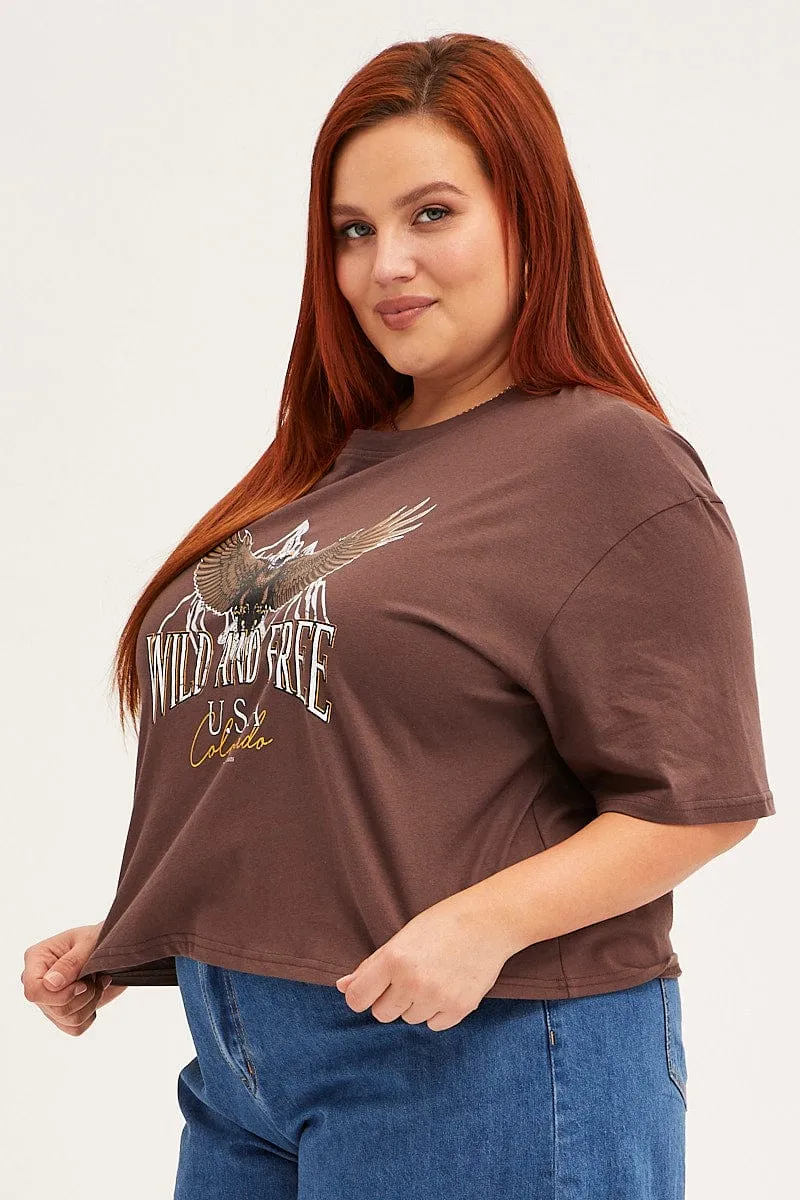 Brown Crop T-shirt Short Sleeve Wild And Free Cotton Simple Fit Quick Wear