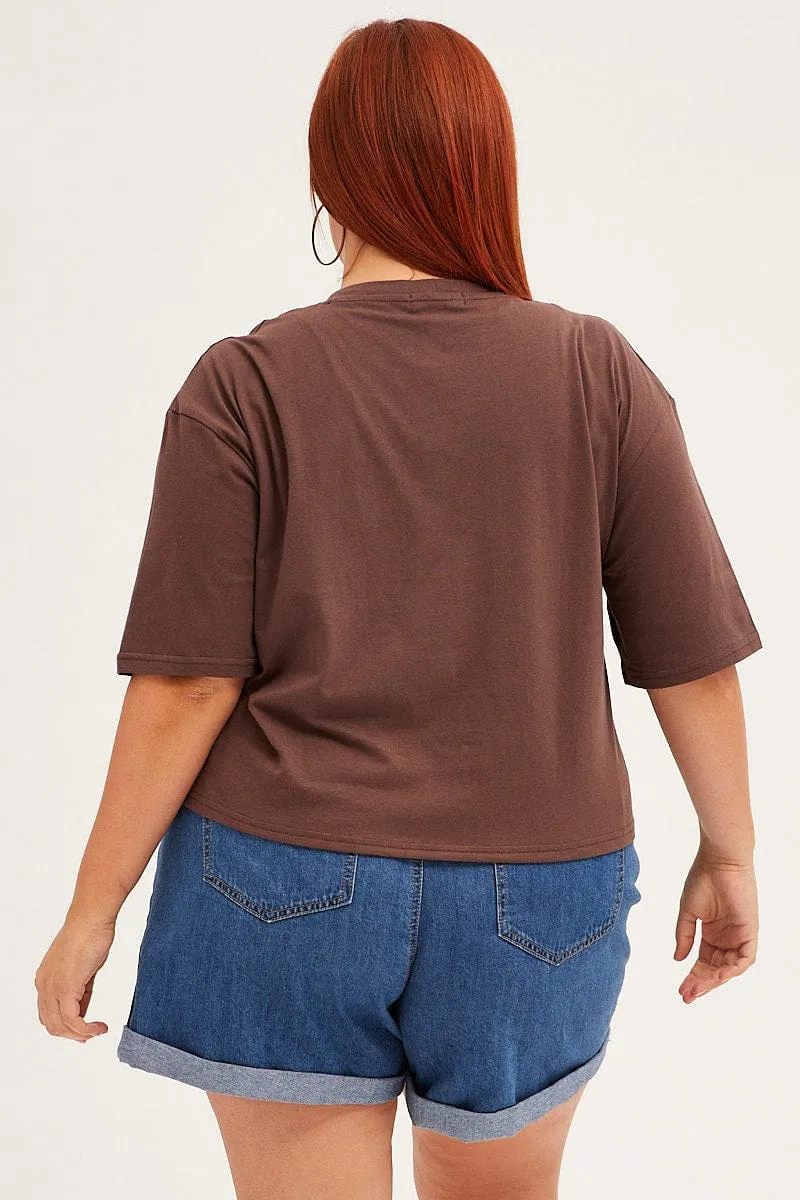 Brown Crop T-shirt Short Sleeve Wild And Free Cotton Comfortable Fit Wear Cozy Comfort