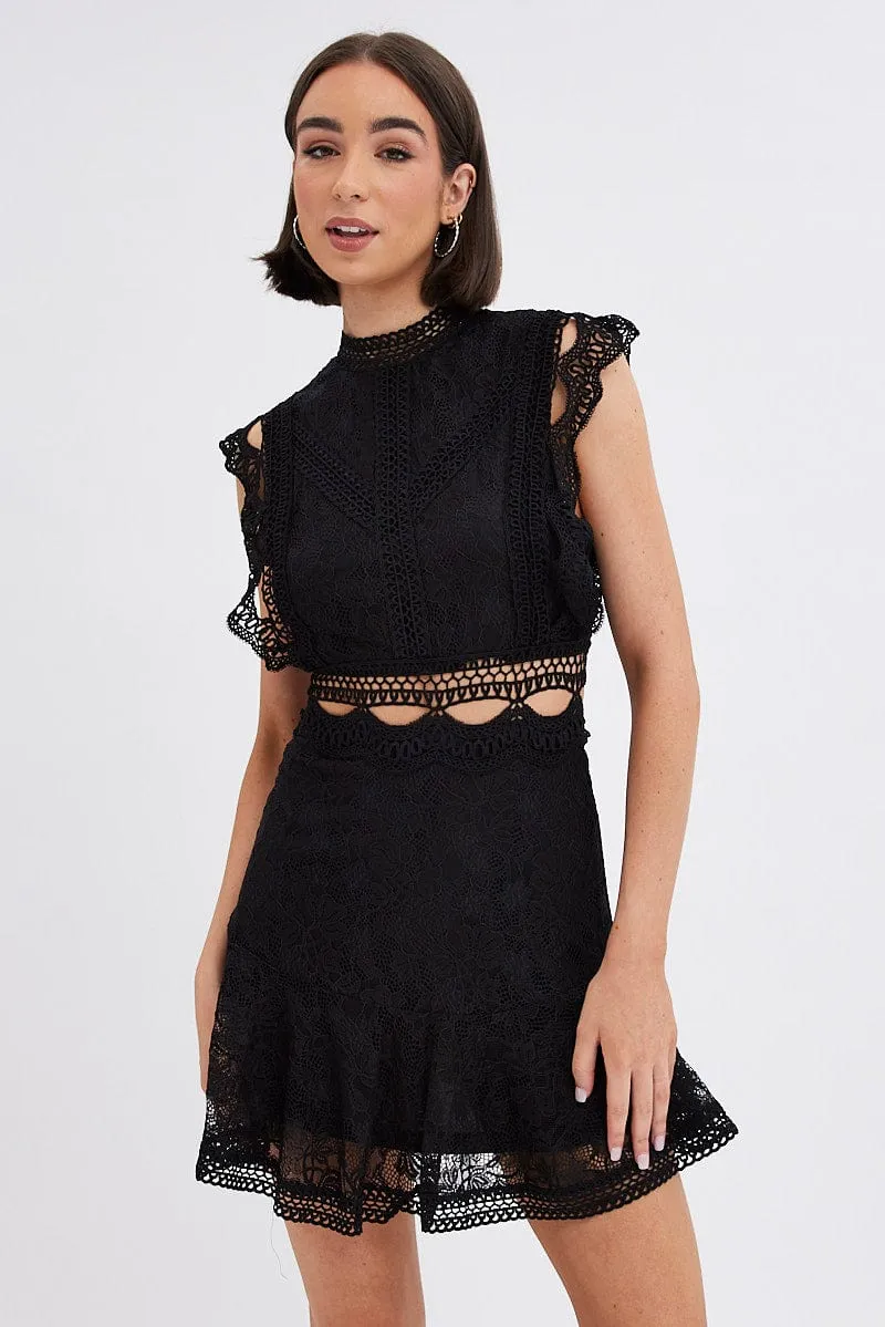 Flash Look ChafeFree Design Black Dress Sleeveless Mini High Neck Lace
