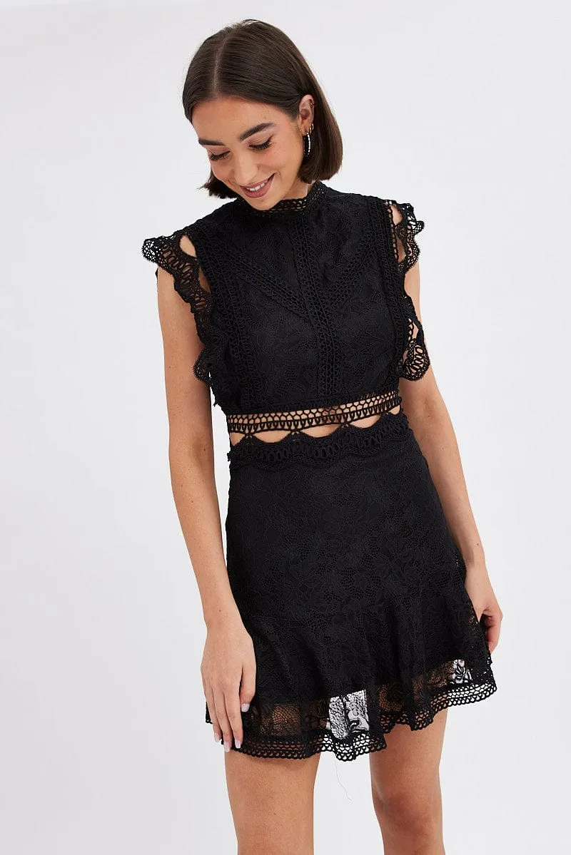 Warm Fit Light Sweatshirt Black Dress Sleeveless Mini High Neck Lace