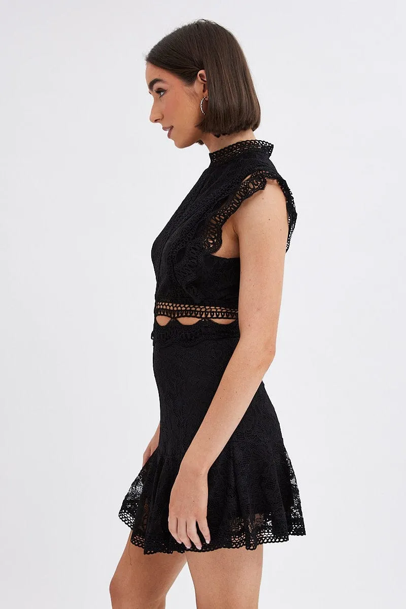 Mature Charm Black Dress Sleeveless Mini High Neck Lace