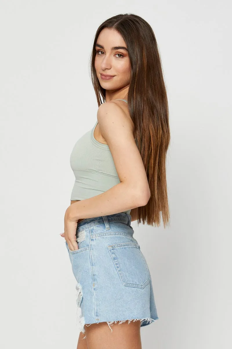 Green Singlet Top Seamless Crop Loose Thread