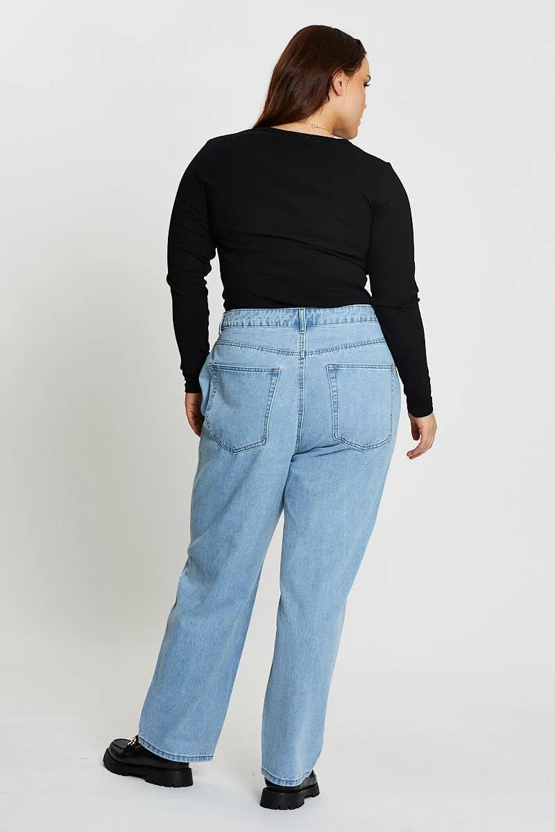 Blue Denim Jean High Rise Slash Knee Straight Leg Shrink Resistant Denim