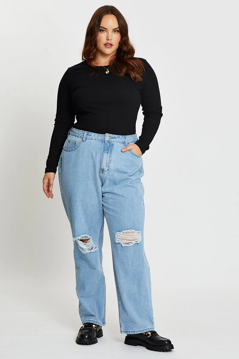 Blue Denim Jean High Rise Slash Knee Straight Leg Premium Outdoor Enthusiast