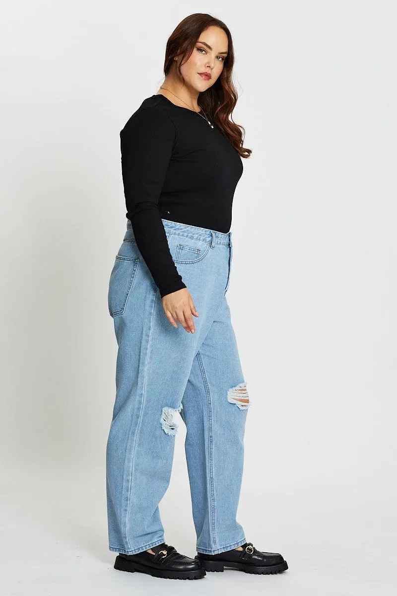 Blue Denim Jean High Rise Slash Knee Straight Leg Base Fit Piece Parent Style Trendy Breathable