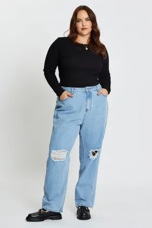 Sustainable Creative Look Regular Look Blue Denim Jean High Rise Slash Knee Straight Leg