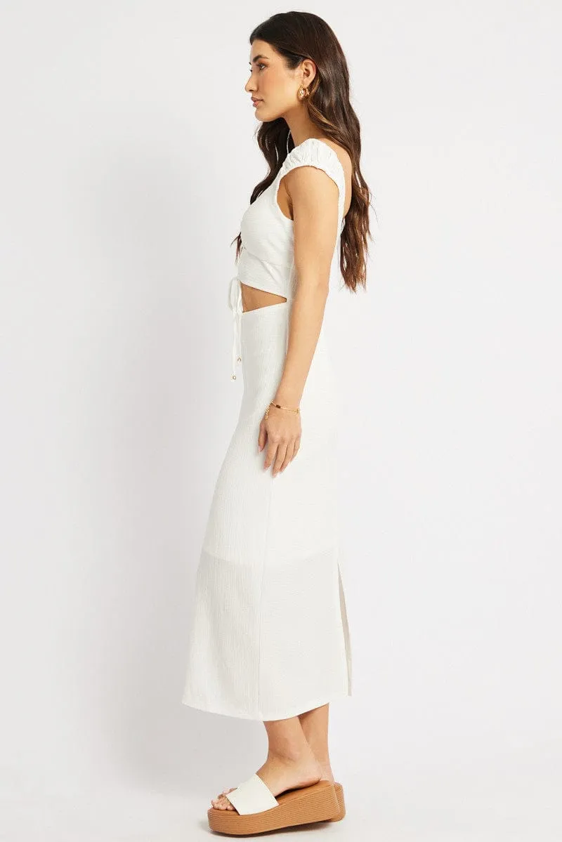 White Bodycon Dress Textured Midi Reinforced Knees Smart Look