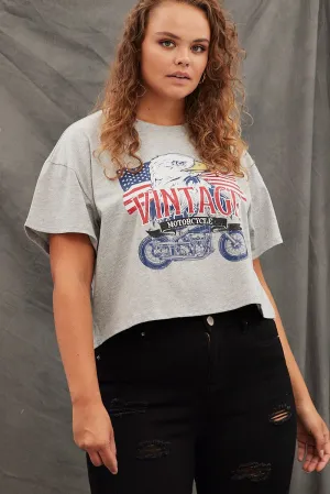 Grey Graphic T-shirt Vintage Bike Crop Cotton Cozy Fit Compact Stitch Pattern