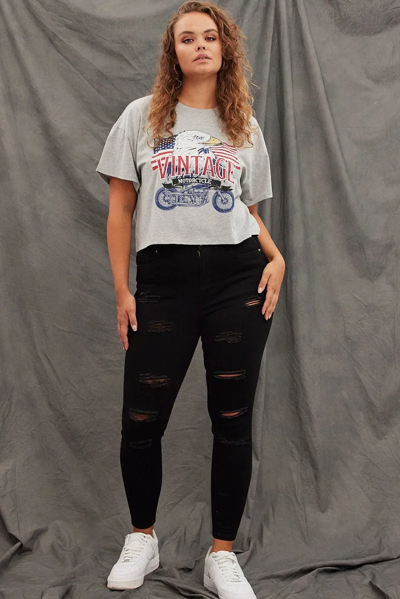 Minimalist fashion Fit For Movement Grey Graphic T-shirt Vintage Bike Crop Cotton
