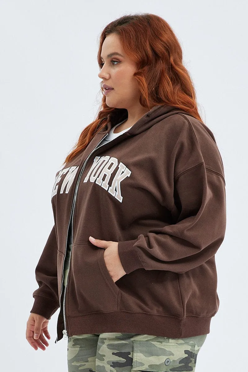 Adjustable product lanyard visibility Brown Zip Hoodie Jacket New York Embroidery