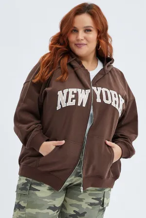 Brown Zip Hoodie Jacket New York Embroidery Anti-static
