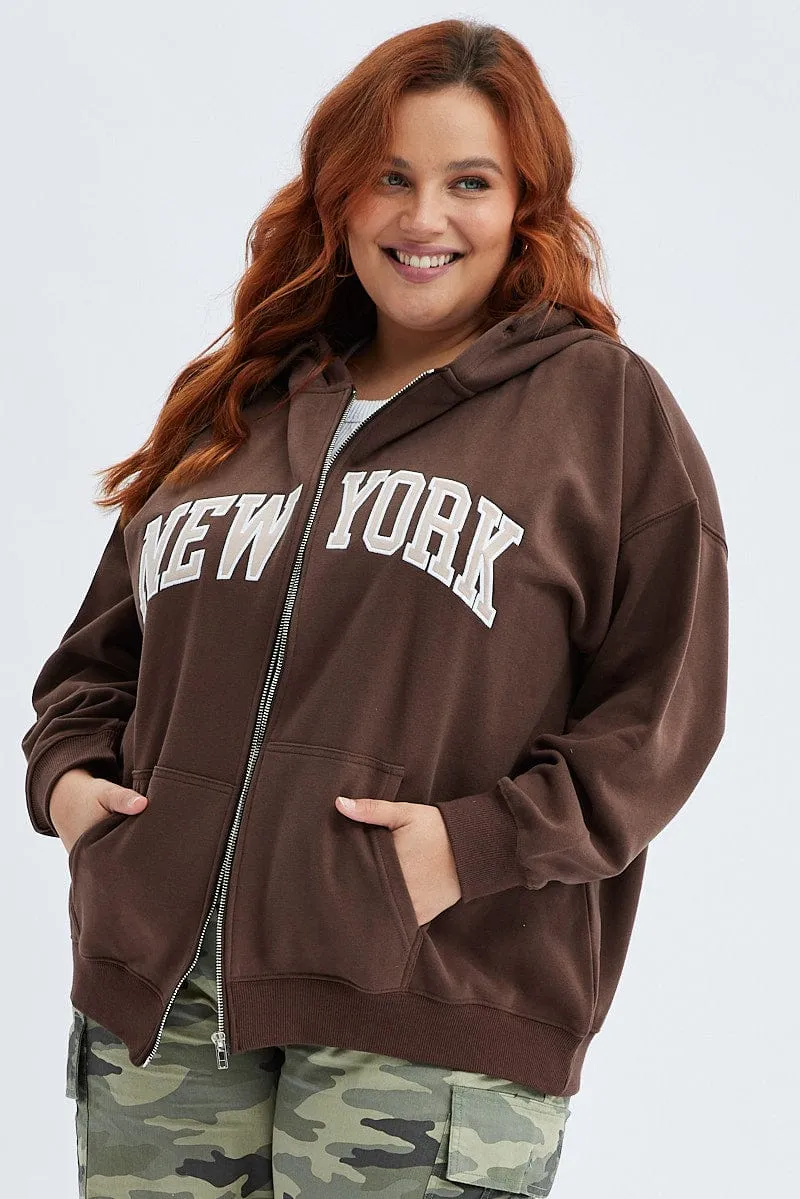 Urban Minimal full sleeve Brown Zip Hoodie Jacket New York Embroidery