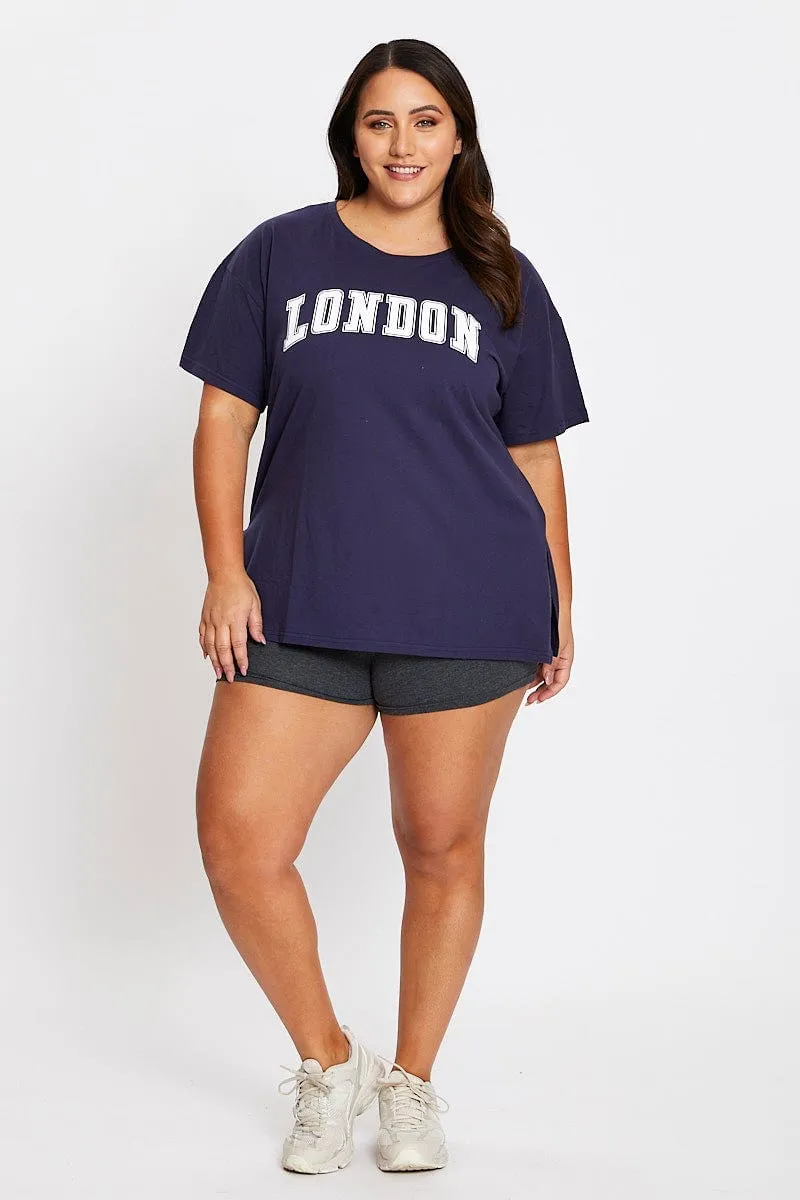 elastic waistband Blue Short Sleeve London Side Split T-shirt