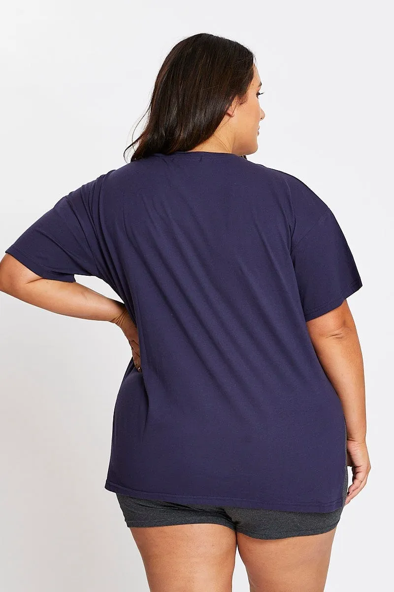 Versatile Layering Piece Blue Short Sleeve London Side Split T-shirt