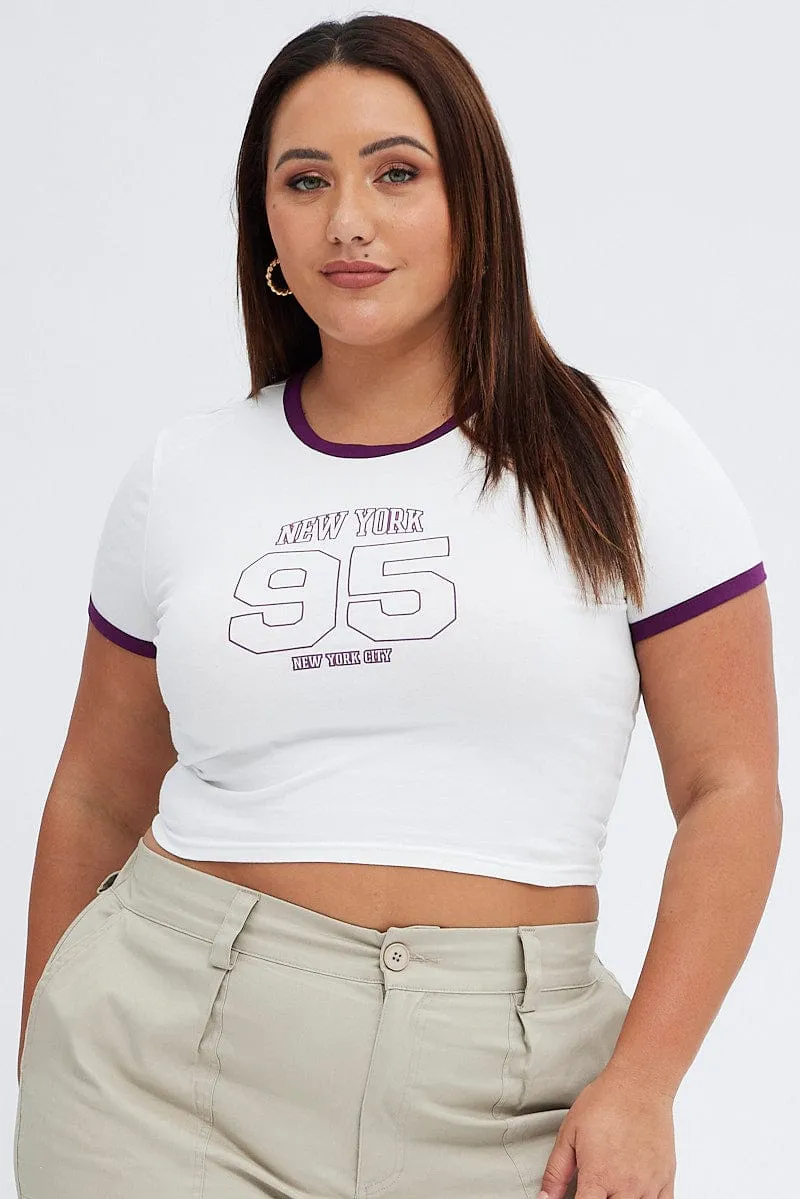 Washable Easy Wear Look White Graphic T-shirt Contrast Trim New York Print