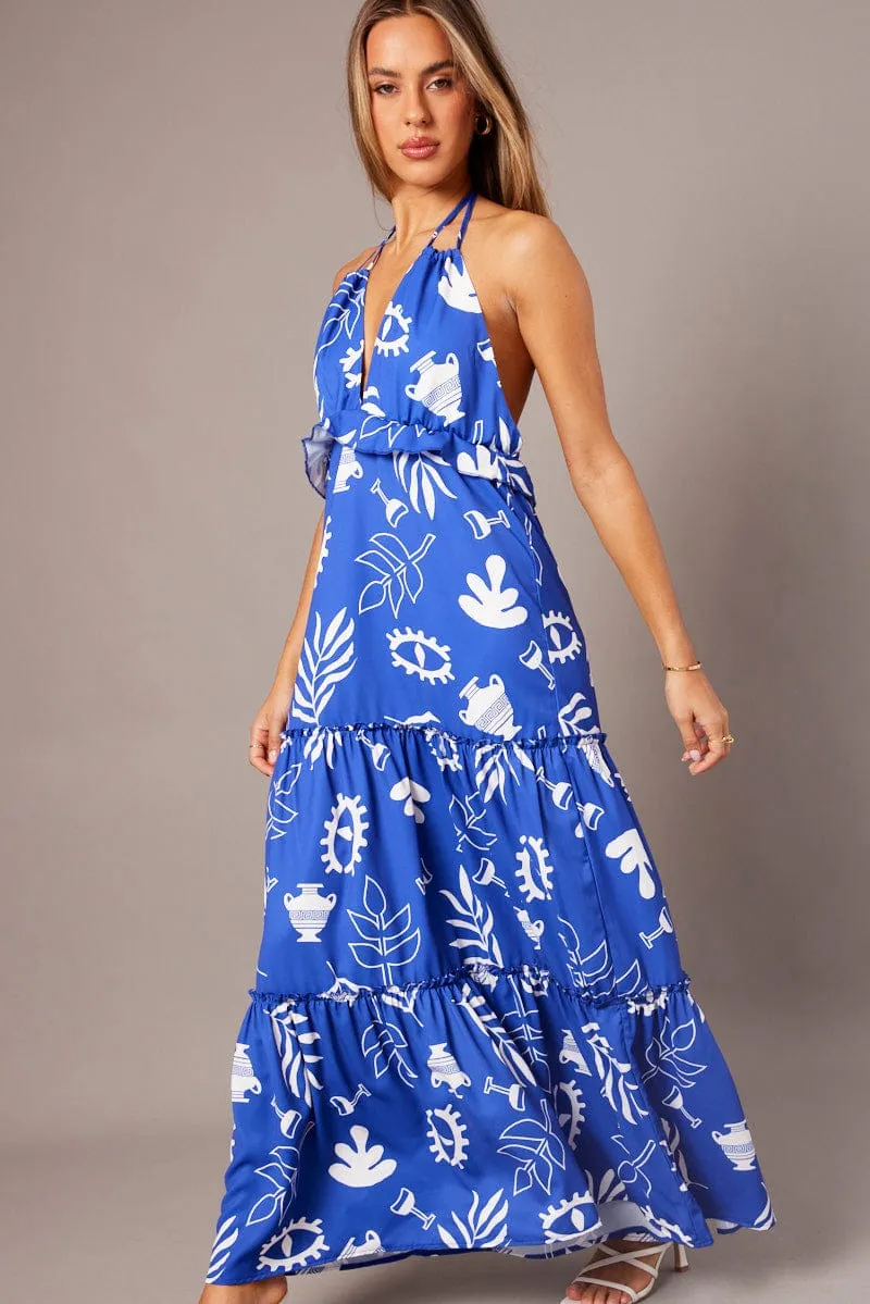 With a flattering fit and elegant design this dress is ideal for any special occasion Pleat Art Blue Abstract Maxi Dress Halter Neck Tiered Ruffle Dress