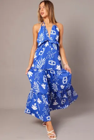 Fringe Glow Heat Air Blue Abstract Maxi Dress Halter Neck Tiered Ruffle Dress