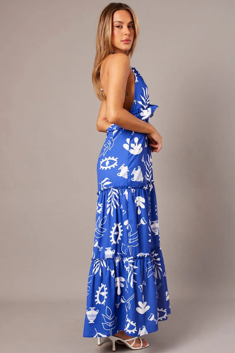 Blue Abstract Maxi Dress Halter Neck Tiered Ruffle Dress Fantasy Touch Strong Aura