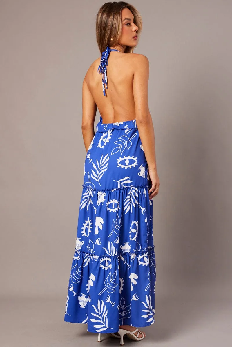 Blue Abstract Maxi Dress Halter Neck Tiered Ruffle Dress Knot Art