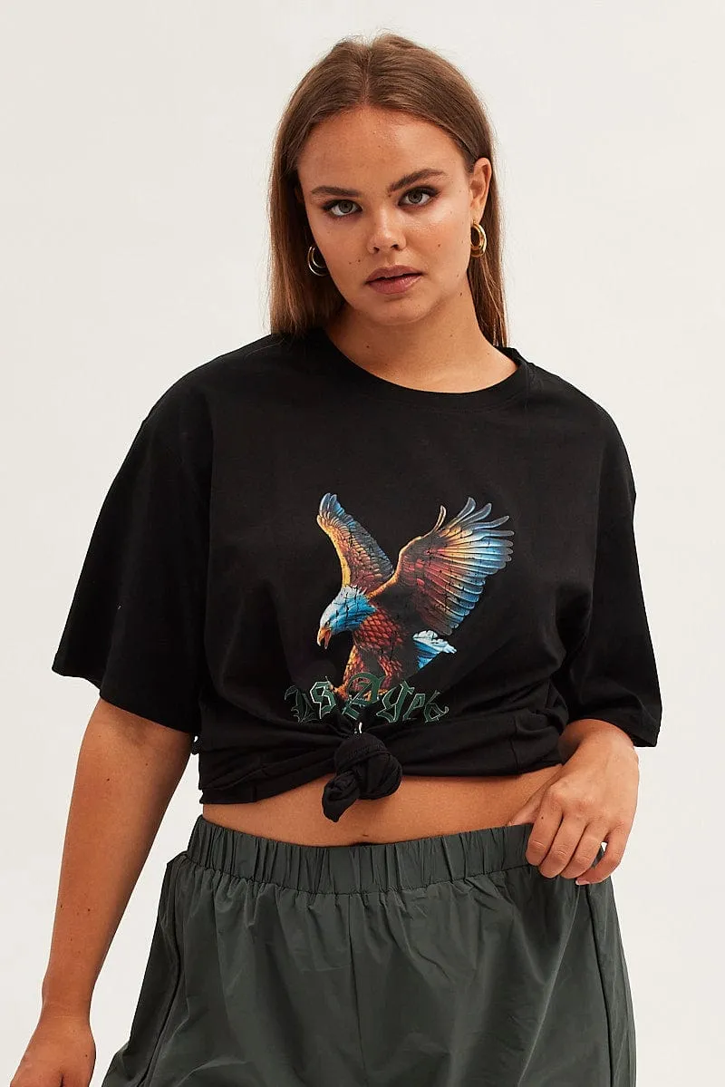 petite size Black Graphic T-shirt Eagle Print Oversized Cotton