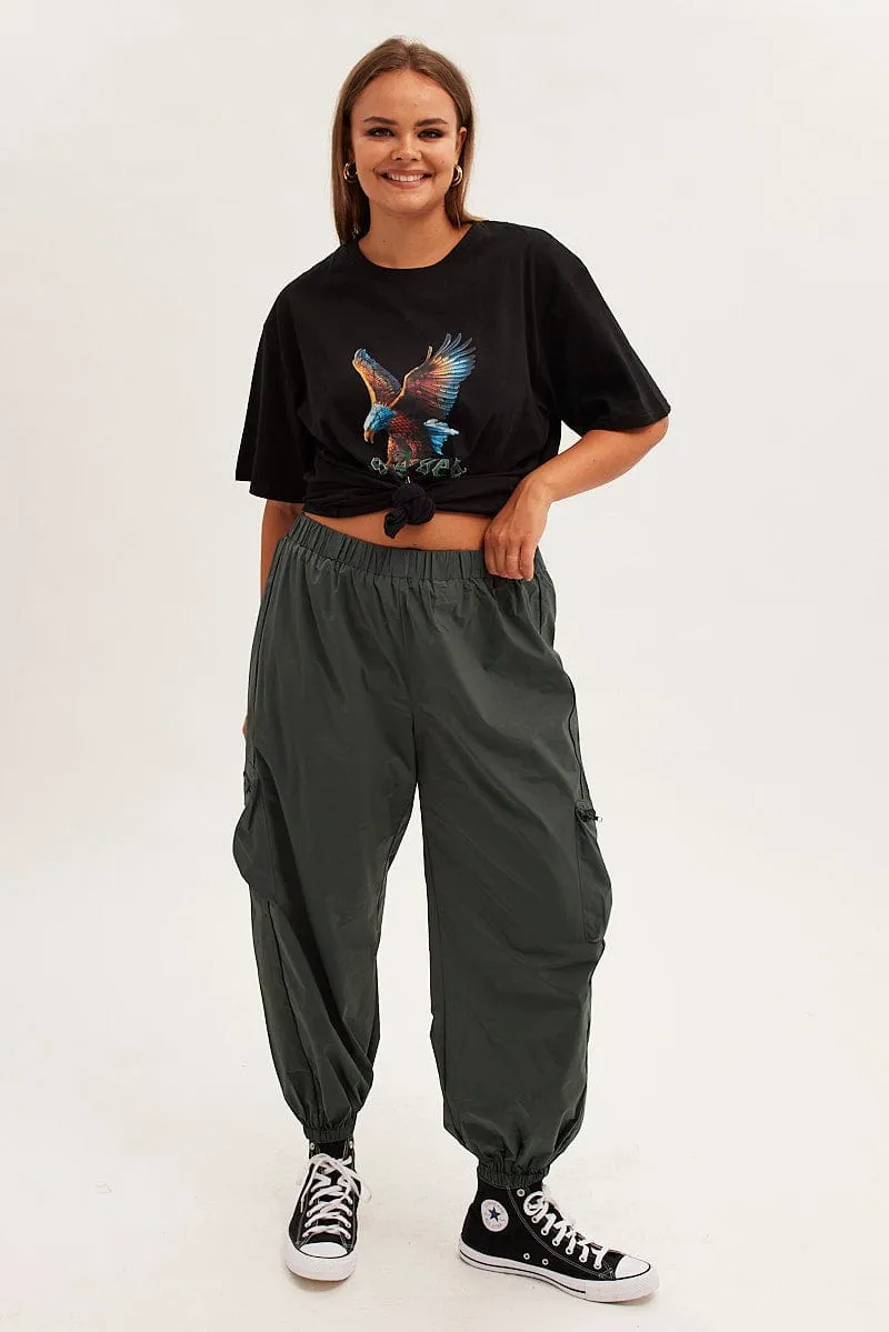 Chill Style DoubleLayeredCollar Black Graphic T-shirt Eagle Print Oversized Cotton