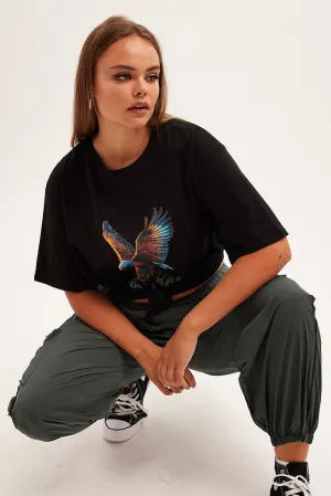 Black Graphic T-shirt Eagle Print Oversized Cotton Breathable Design