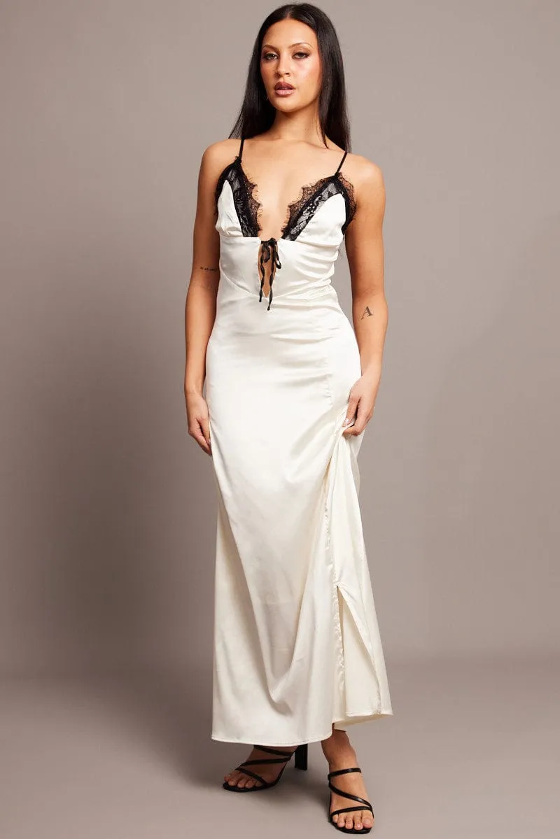 Crepe Soft White Maxi Dress Contrast lace Trim Satin Dress