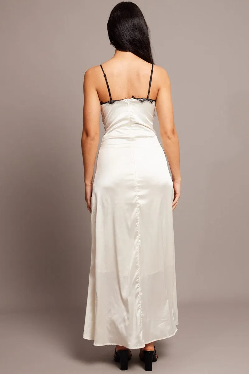 White Maxi Dress Contrast lace Trim Satin Dress Maple Lane Photo Time