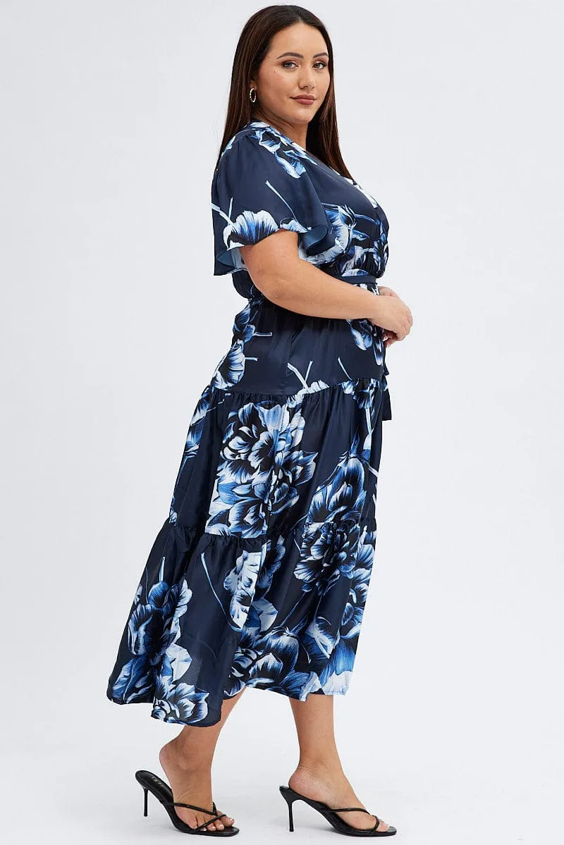 Blue Abstract Midi Dress Cross Front Flare Sleeve Satin Effortless day-to-evening dress Feminine Vibe