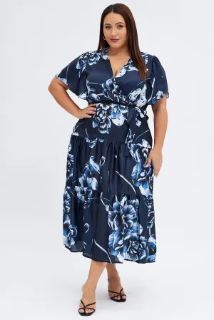 Versatile Silhouettes Jade Glow Blue Abstract Midi Dress Cross Front Flare Sleeve Satin