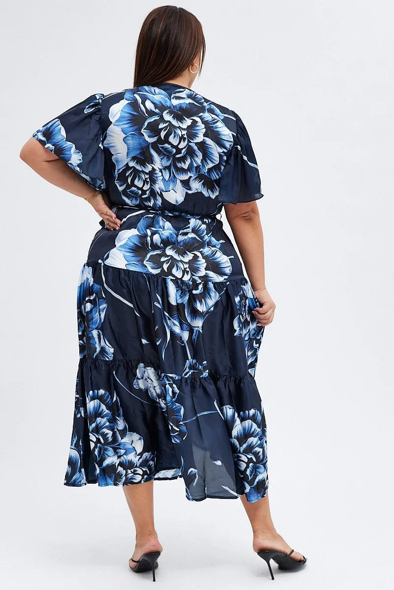 Comfortable daytime dress Wearable Art Blue Abstract Midi Dress Cross Front Flare Sleeve Satin