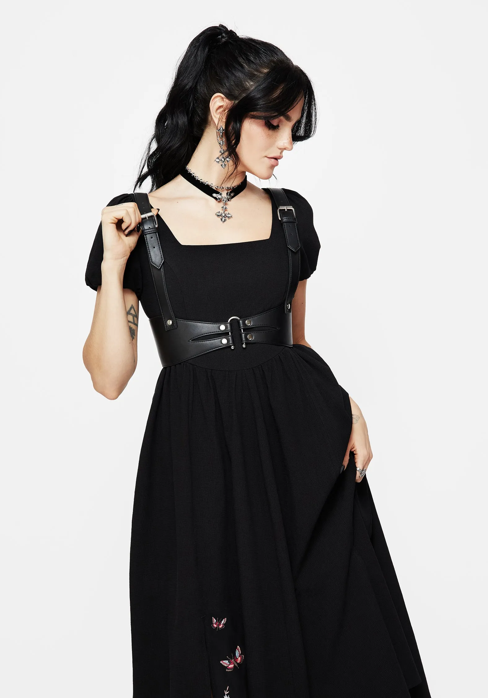 Copia Moth Embroidered Cotton Puff Sleeve Split Skirt Midi Dress Coastal Path subtle style