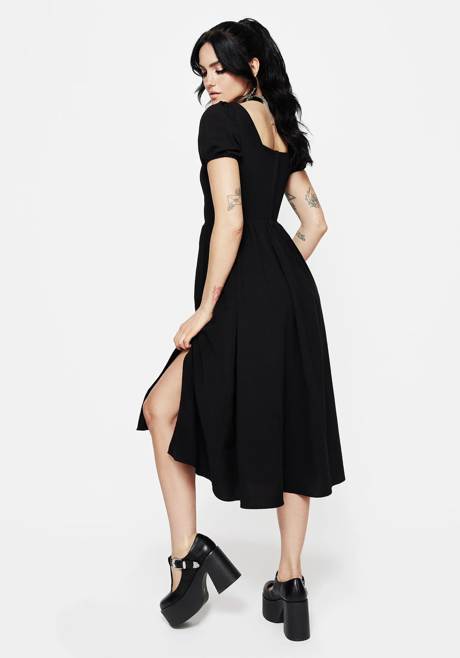 Copia Moth Embroidered Cotton Puff Sleeve Split Skirt Midi Dress Versatile Wear Air Float