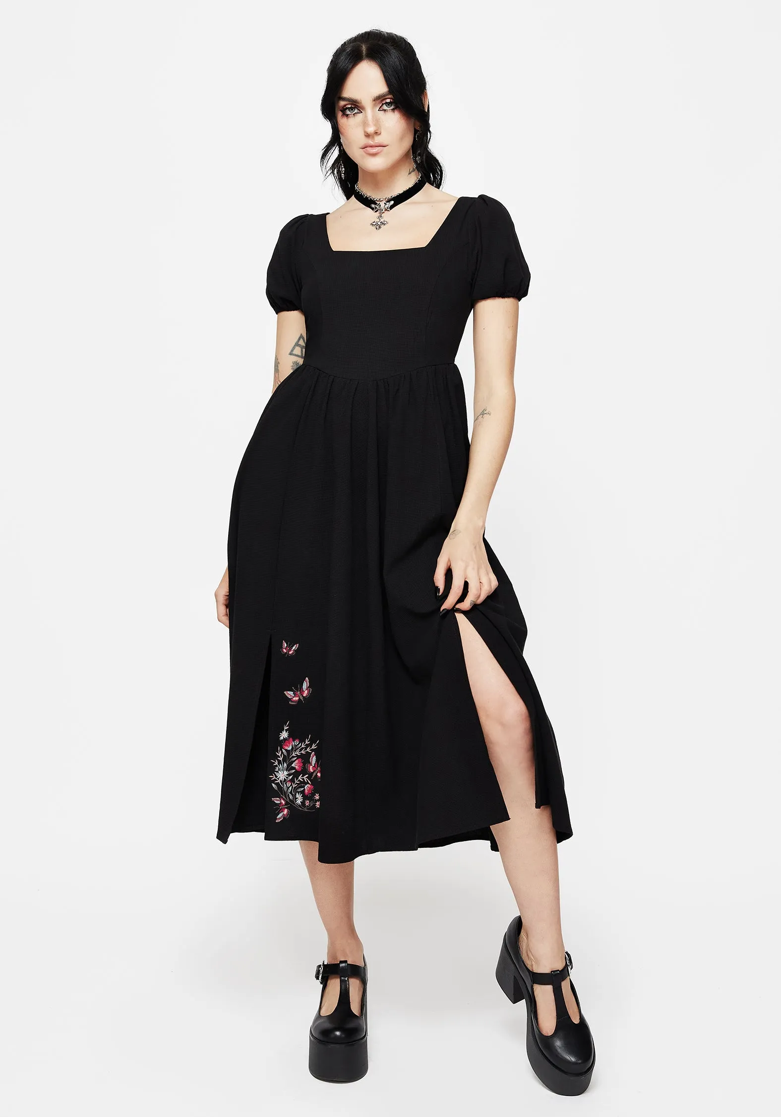 Effortless Style Any Day Wear Copia Moth Embroidered Cotton Puff Sleeve Split Skirt Midi Dress