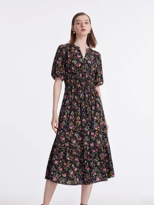 Comfortable Style Mulberry Silk Rose Print V-Neck Puff Sleeves Women Midi Dress