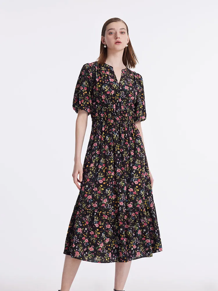 Comfortable Style Mulberry Silk Rose Print V-Neck Puff Sleeves Women Midi Dress