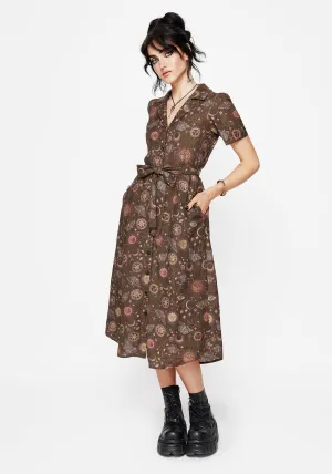 Rhea Cotton Blend Moth and Moon Print Midi Shirt Dress Vibrant Comfort
