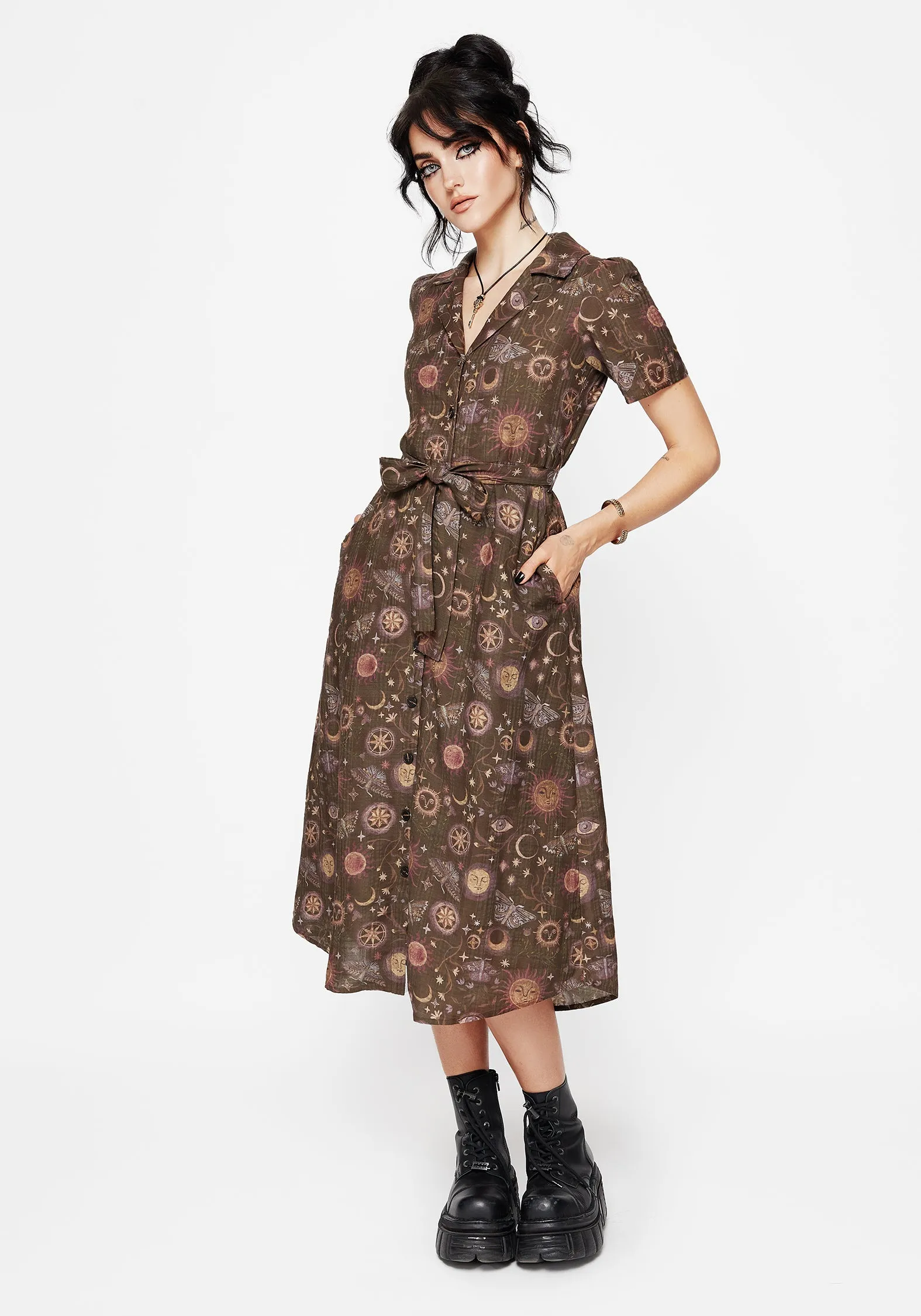 Rhea Cotton Blend Moth and Moon Print Midi Shirt Dress Vibrant Comfort