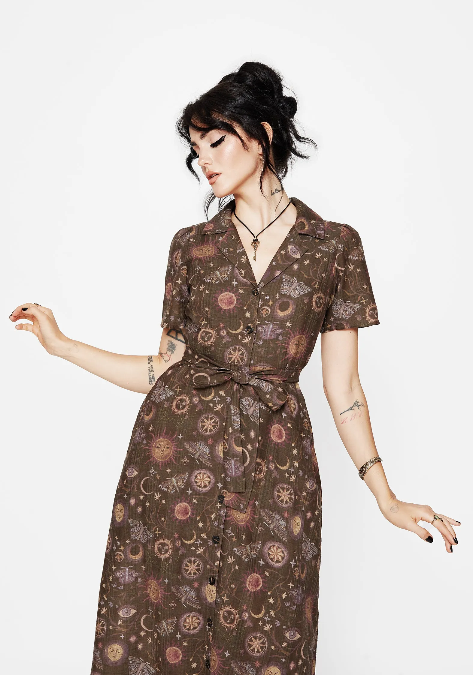 Rhea Cotton Blend Moth and Moon Print Midi Shirt Dress High-waisted midi dress Fresh Air