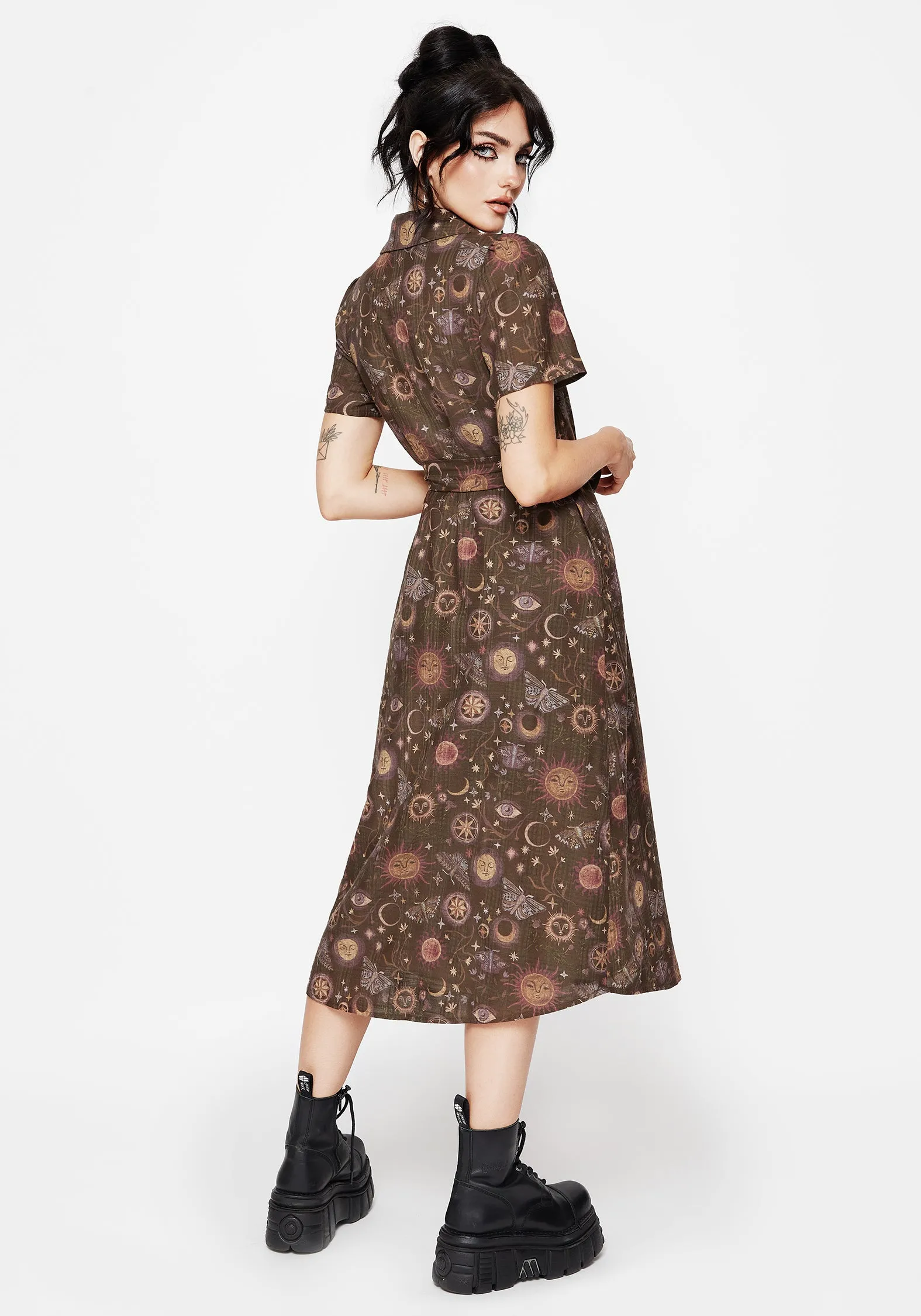 Rhea Cotton Blend Moth and Moon Print Midi Shirt Dress Dinner Hall
