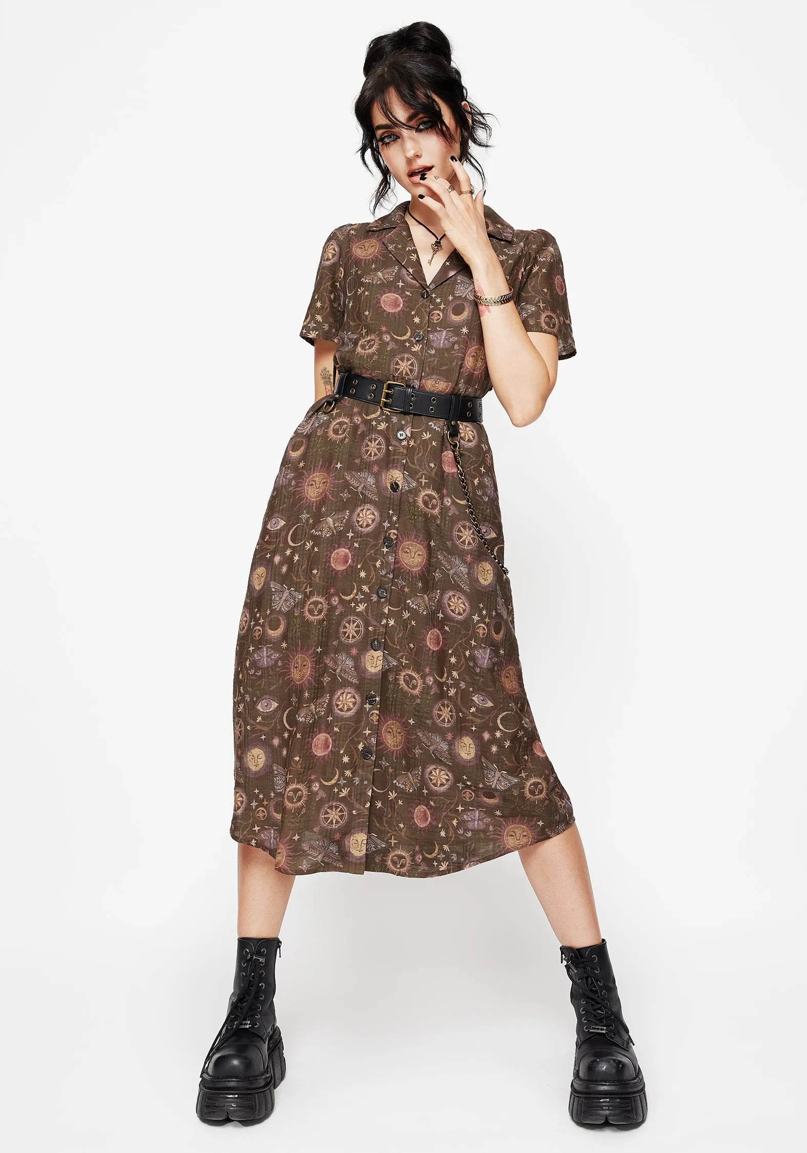 Rhea Cotton Blend Moth and Moon Print Midi Shirt Dress Lavender Hill