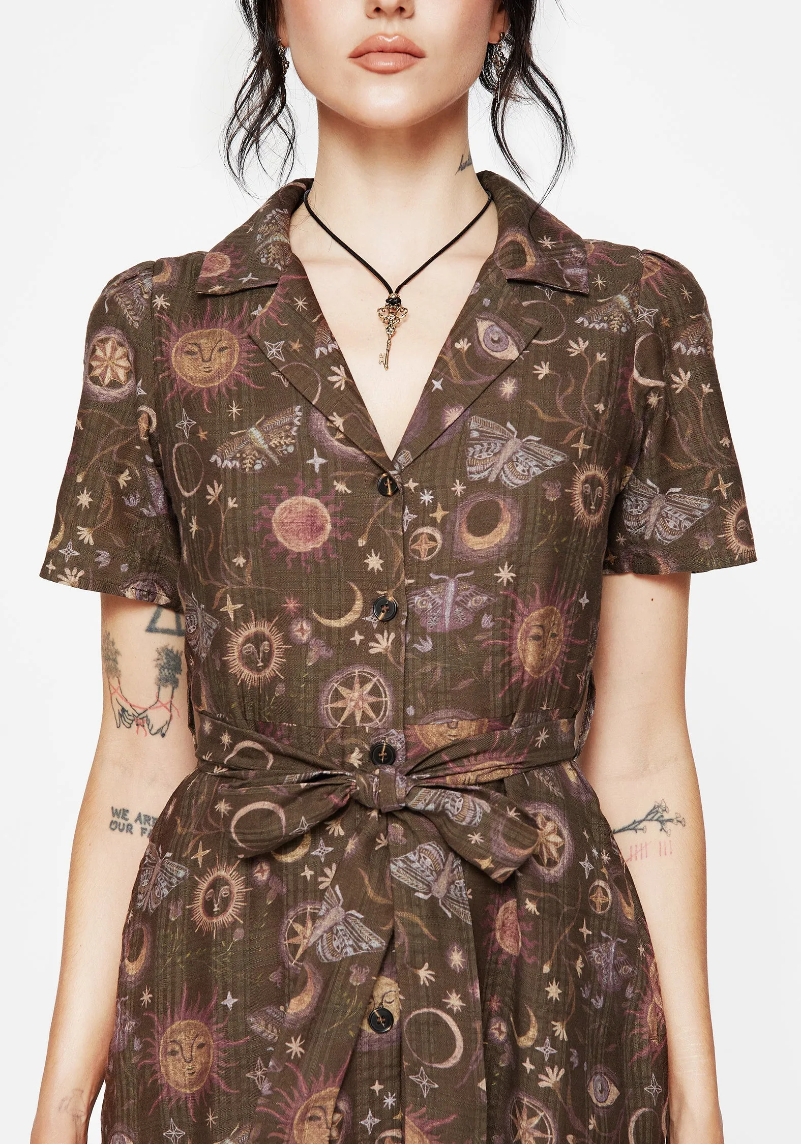 Rhea Cotton Blend Moth and Moon Print Midi Shirt Dress Tower Look Metro Stop