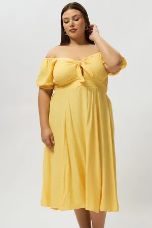 Casual weekend midi Yellow Midi Dress Short Sleeve Tie Front