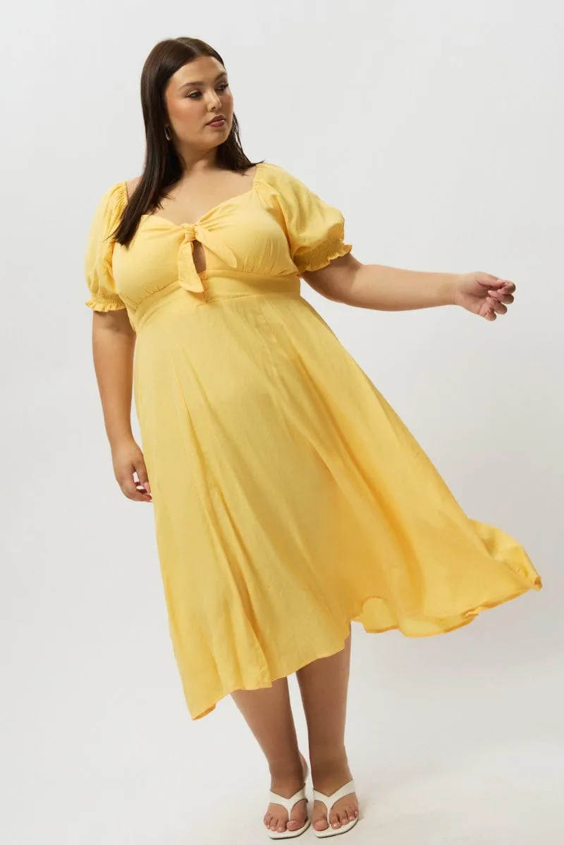 Glam Lady Yellow Midi Dress Short Sleeve Tie Front