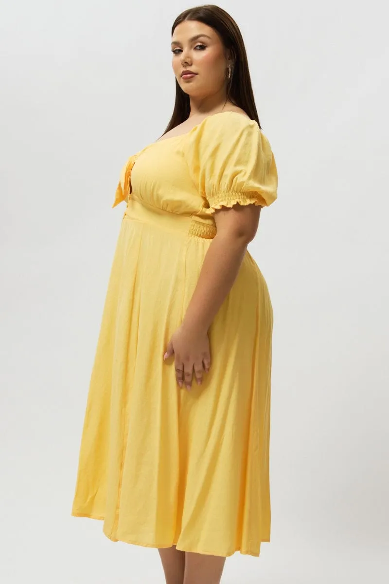 Yellow Midi Dress Short Sleeve Tie Front Gold Hour