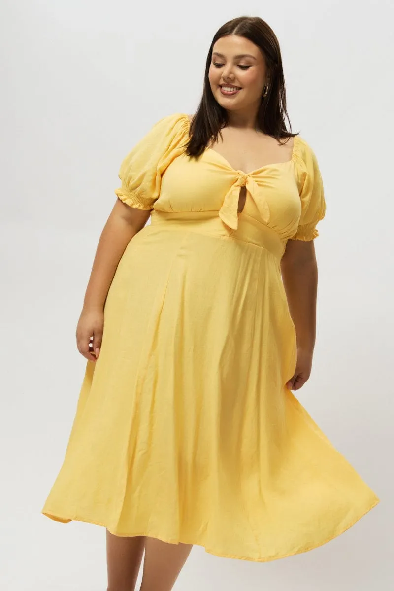 Yellow Midi Dress Short Sleeve Tie Front Versatile Wear Polished Comfort