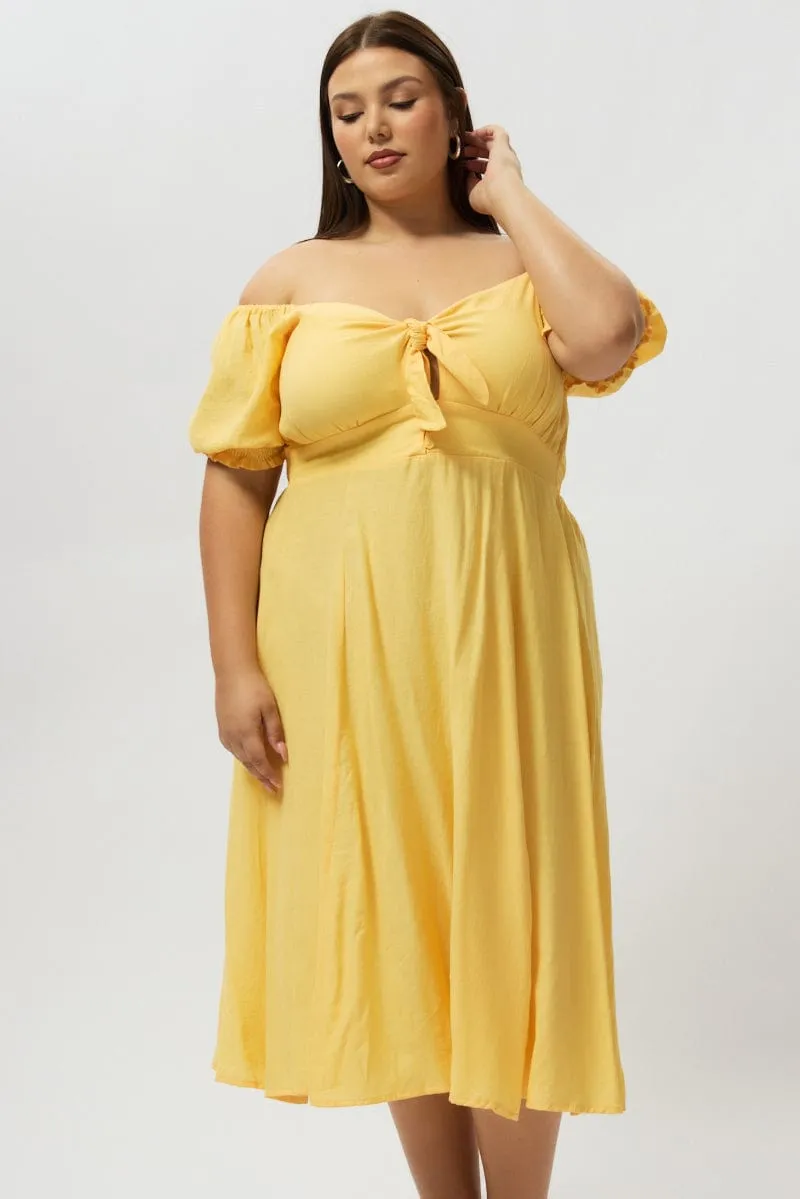 Casual weekend midi Yellow Midi Dress Short Sleeve Tie Front